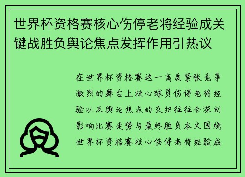 世界杯资格赛核心伤停老将经验成关键战胜负舆论焦点发挥作用引热议