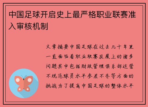 中国足球开启史上最严格职业联赛准入审核机制